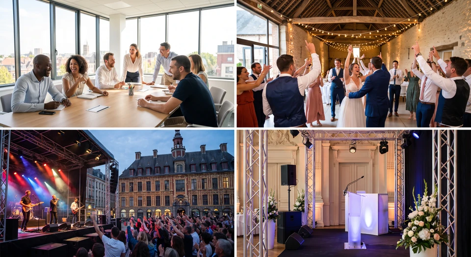 Montage ou collage visuel montrant quatre scènes représentatives d'événements différents : une scène de team building professionnel en intérieur avec des participants en train de collaborer autour d'une table, une célébration festive avec des participants dansant et levant les bras, une scène de concert en direct avec artiste sur scène et public, et un détail de décoration événementielle (podium, structures, éclairage). Les images doivent être des photographies réelles de qualité professionnelle, dynamiques et colorées, juxtaposées pour créer une mosaïque qui symbolise la diversité et la polyvalence des événements gérés par l'agence.