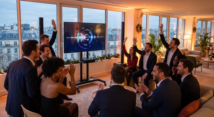Groupe de professionnels en tenue d'affaires lors d'un cocktail networking dans un espace moderne avec éclairage d'ambiance
